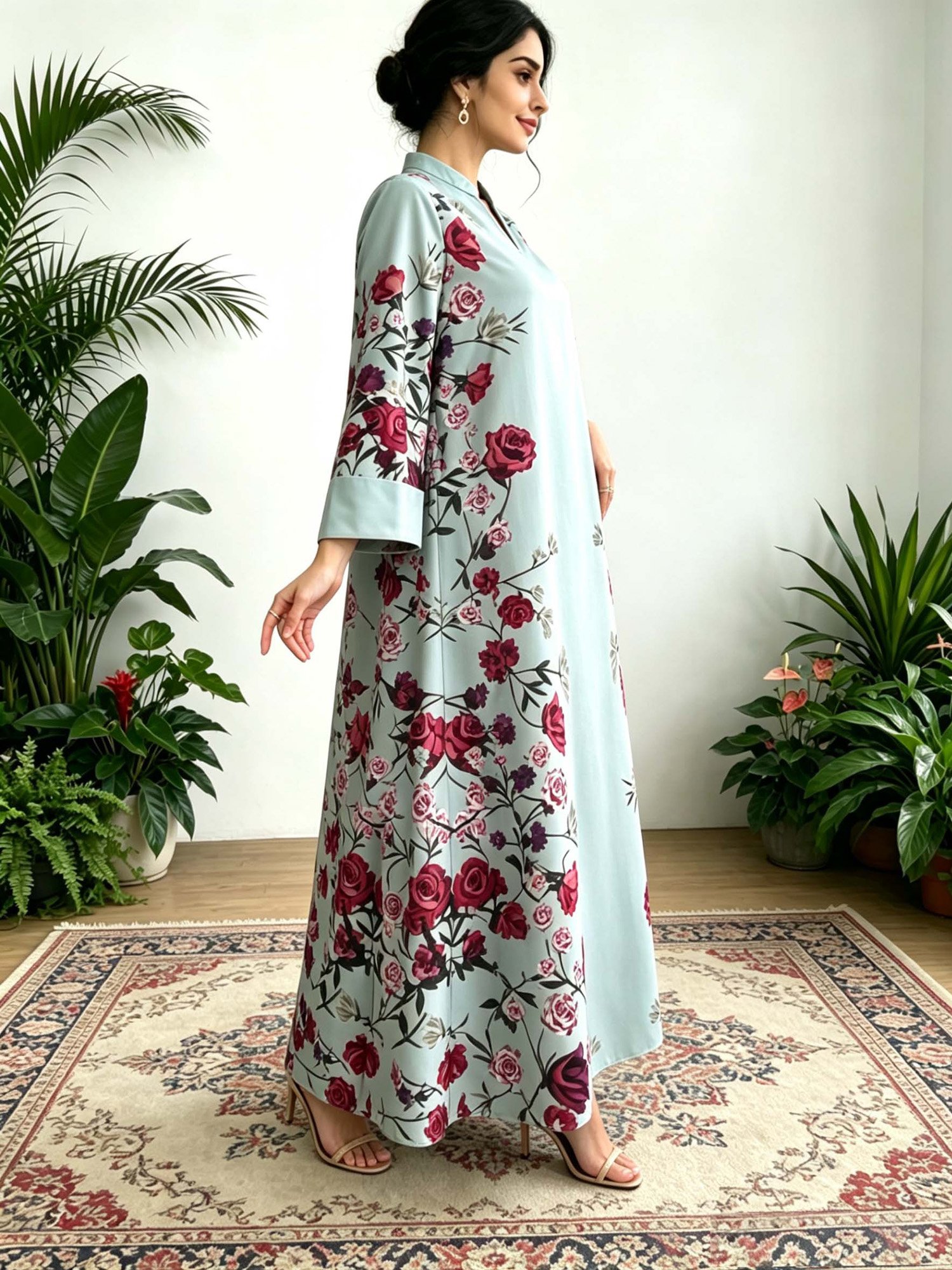 Multi-Color Floral Print Long Sleeves Jalabyia
