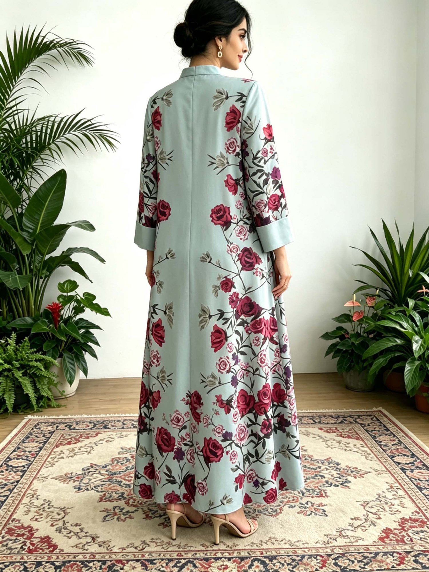 Multi-Color Floral Print Long Sleeves Jalabyia