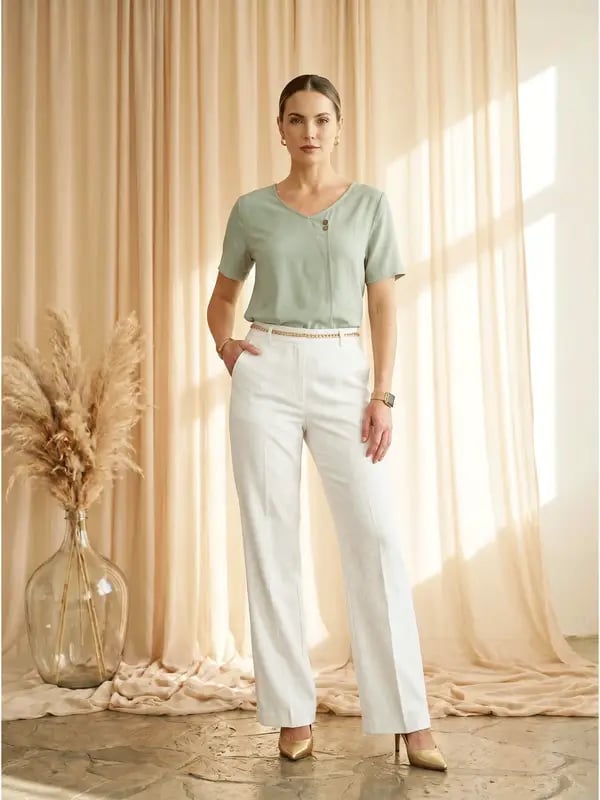 Mint Green Short Sleeve Top with Button Accent