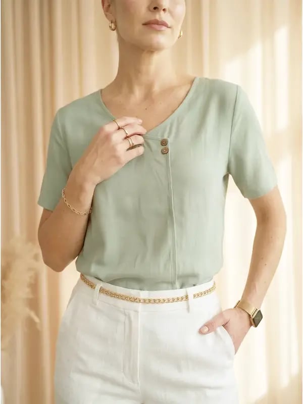 Mint Green Short Sleeve Top with Button Accent