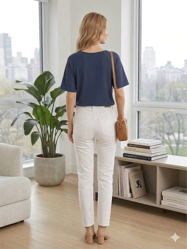 Navy Blue Short Sleeve Gathered Neck Top