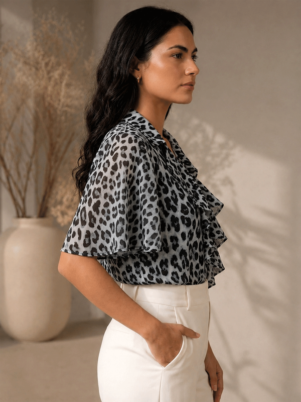 Black Animal Print Ruffle Top