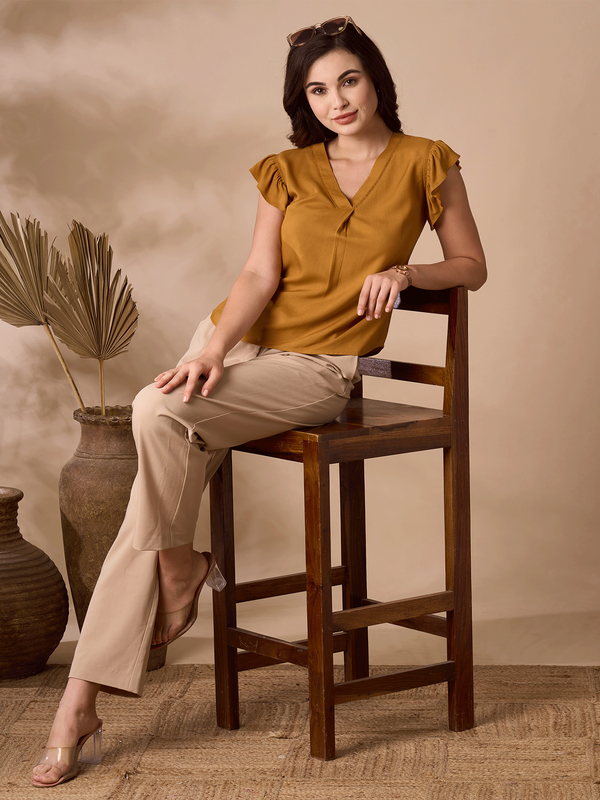 Mustard V Neck Top with Frill Sleeves
