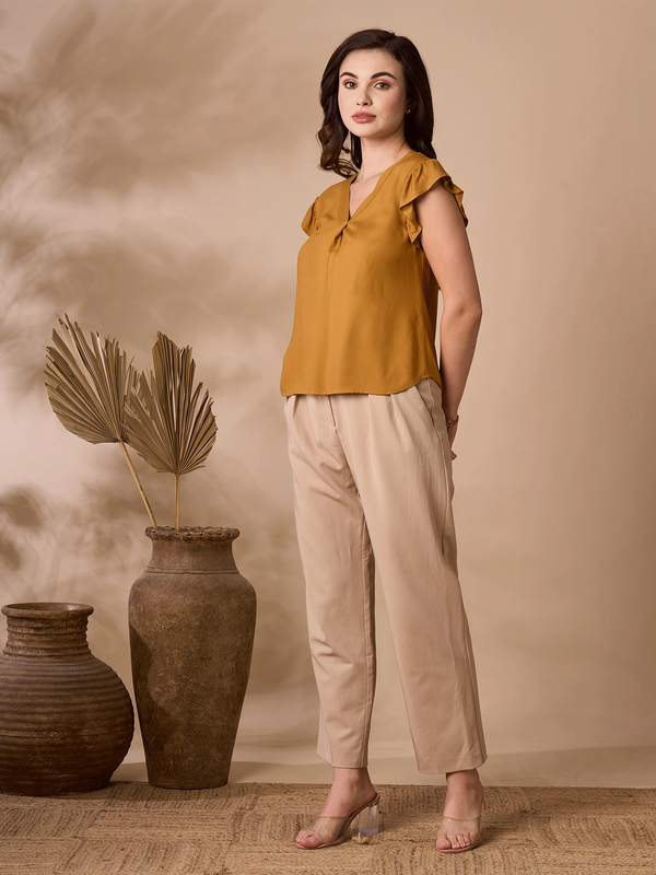 Mustard V Neck Top with Frill Sleeves
