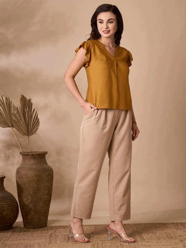 Mustard V Neck Top with Frill Sleeves