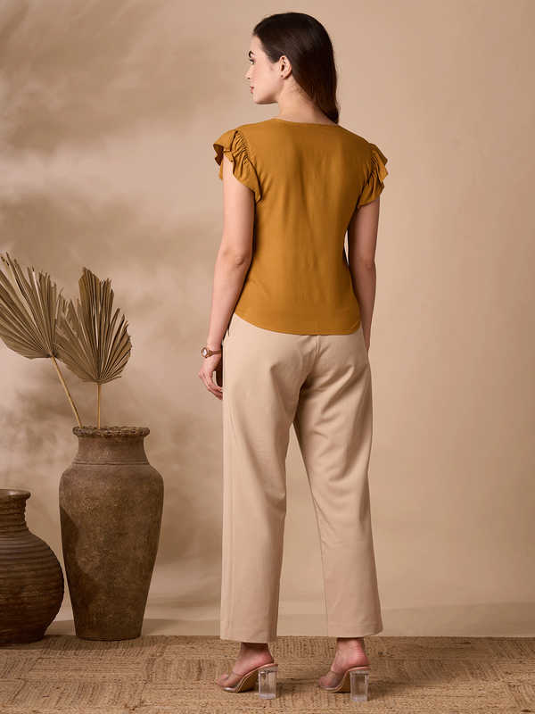 Mustard V Neck Top with Frill Sleeves