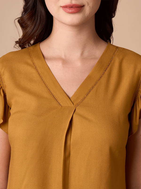 Mustard V Neck Top with Frill Sleeves