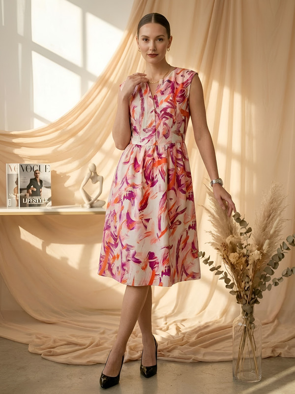 Multi-Color Sleeveless Graphic Print Flare and Fit Midi Dress