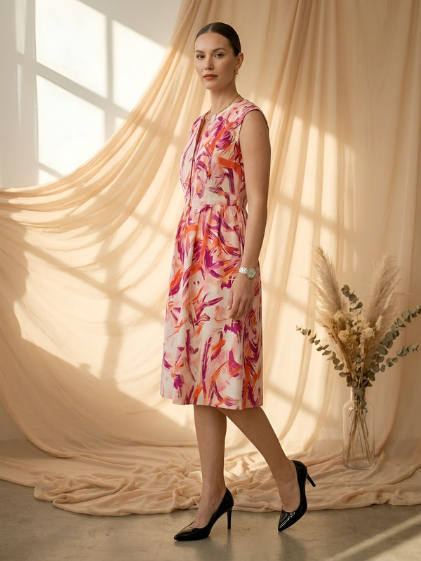 Multi-Color Sleeveless Graphic Print Flare and Fit Midi Dress