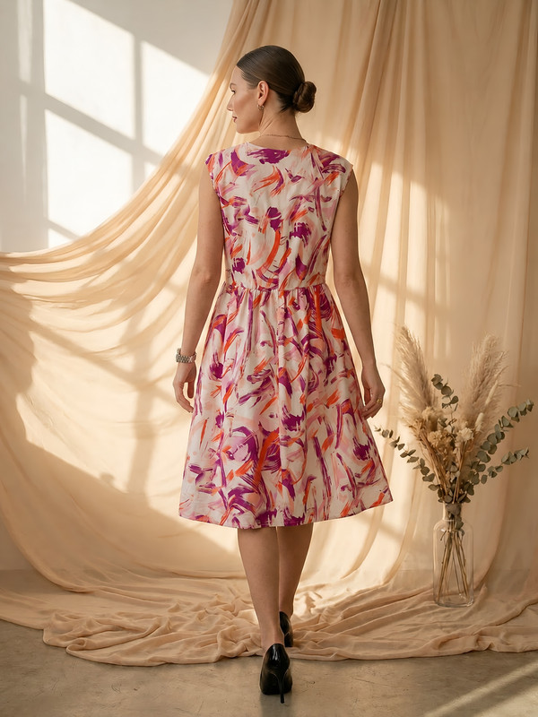 Multi-Color Sleeveless Graphic Print Flare and Fit Midi Dress