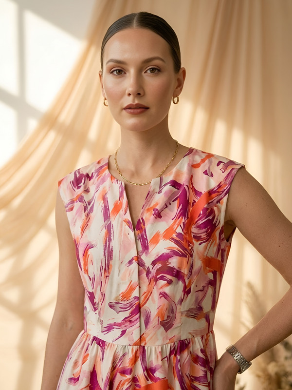 Multi-Color Sleeveless Graphic Print Flare and Fit Midi Dress