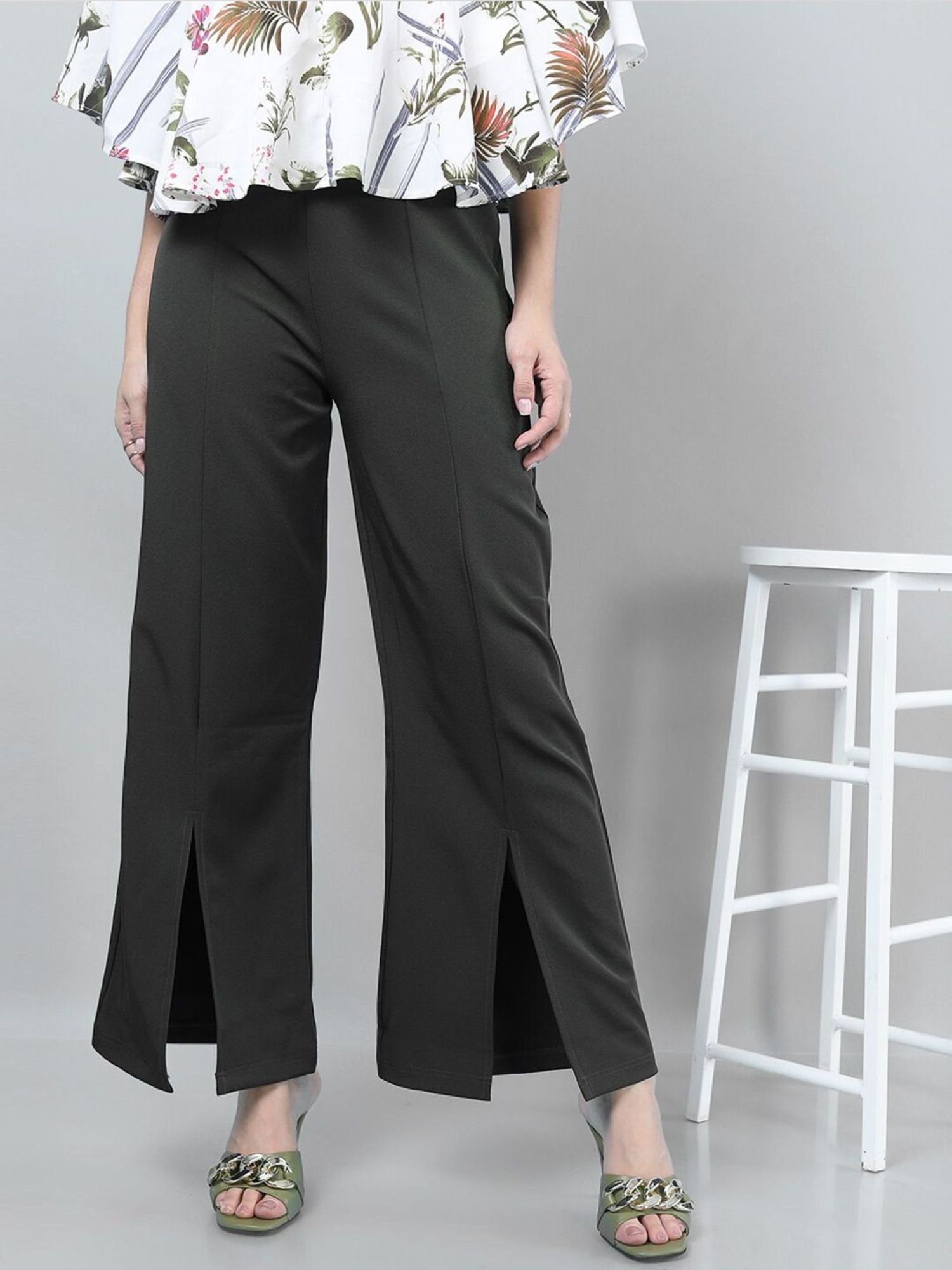 Dark Green Solid Mid-Rise Flared Pants