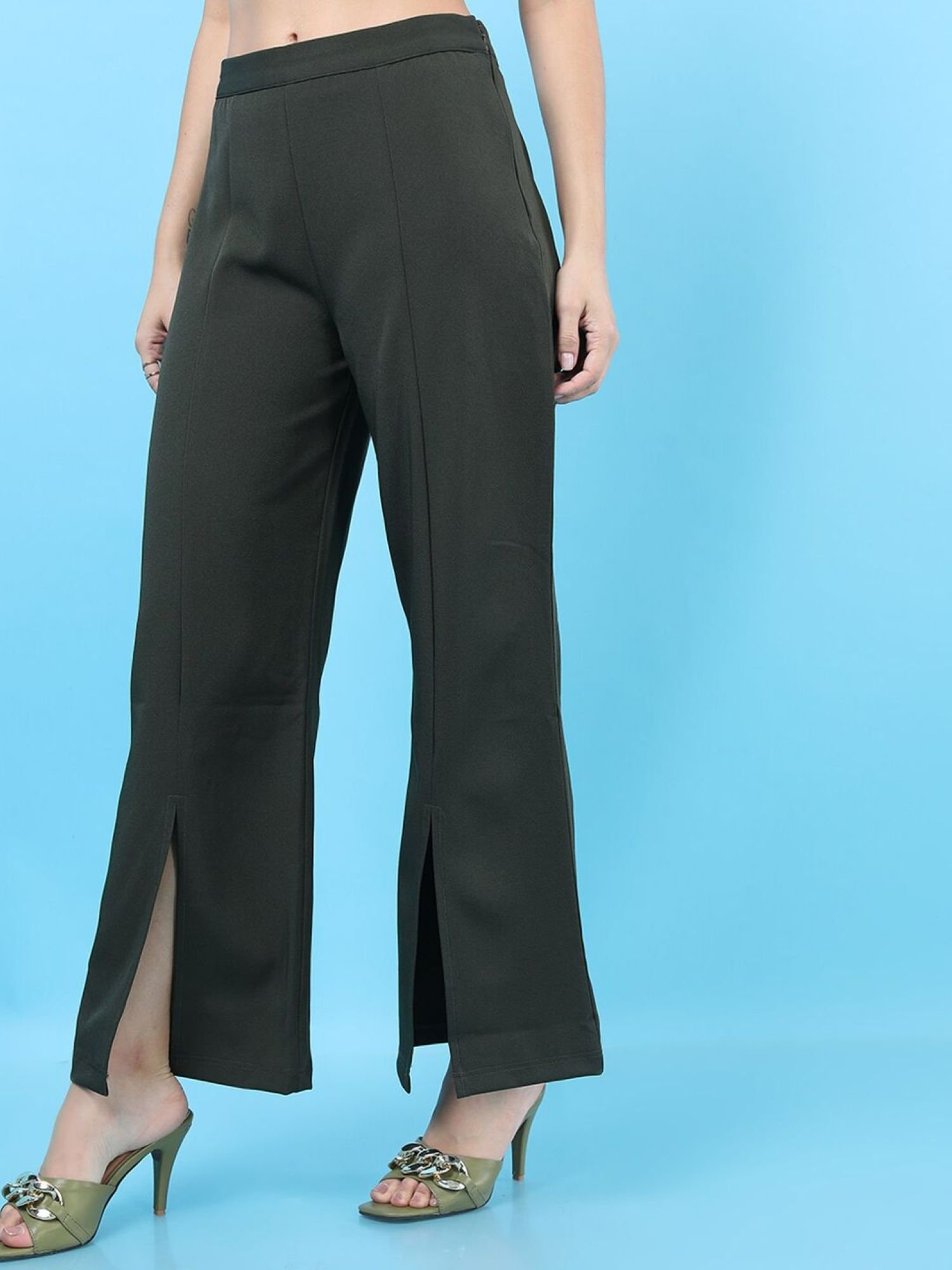 Dark Green Solid Mid-Rise Flared Pants