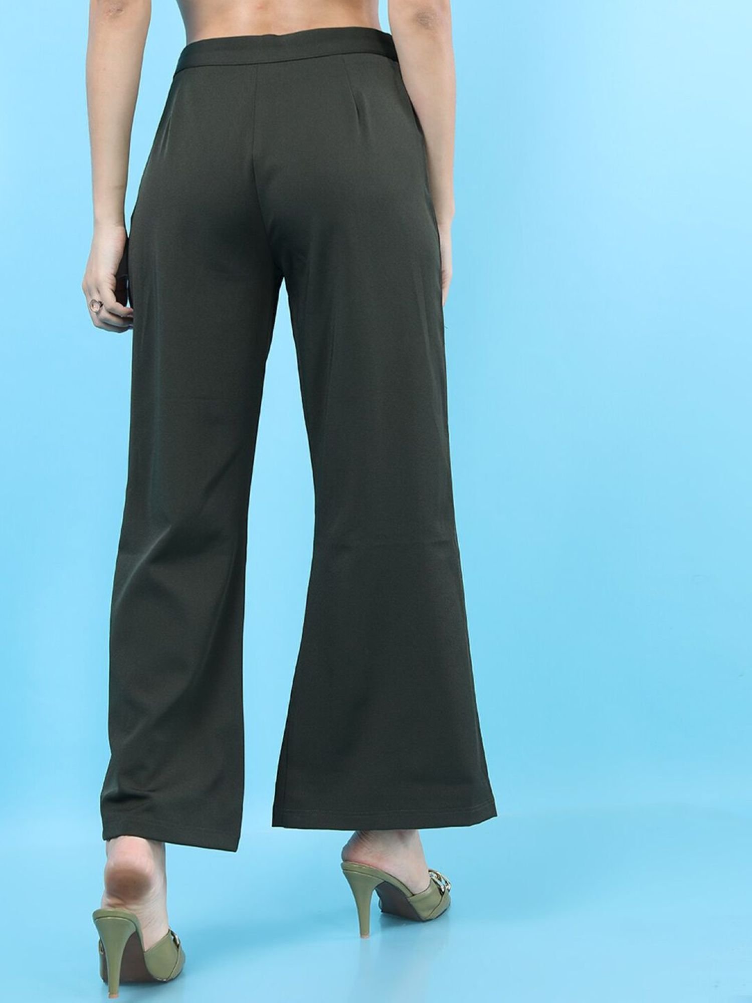 Dark Green Solid Mid-Rise Flared Pants