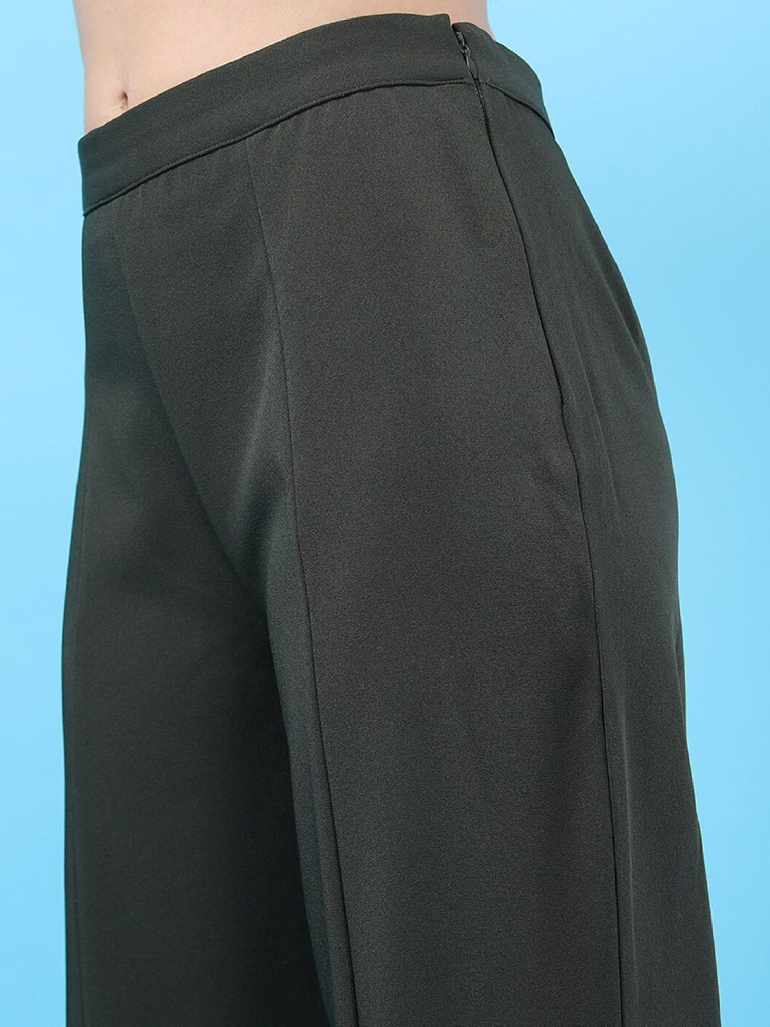 Dark Green Solid Mid-Rise Flared Pants