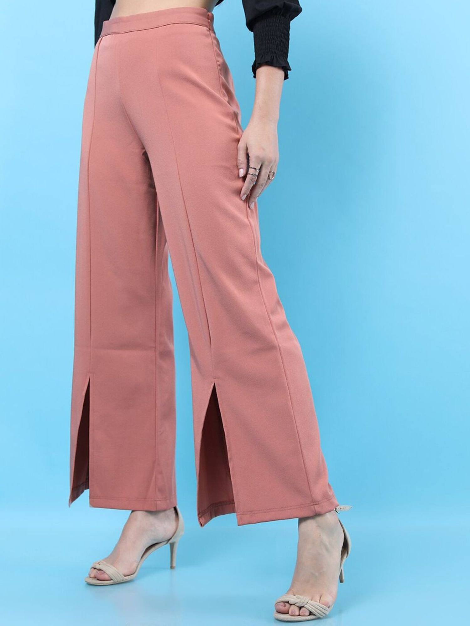 Peach Solid Mid-Rise Flared Pants