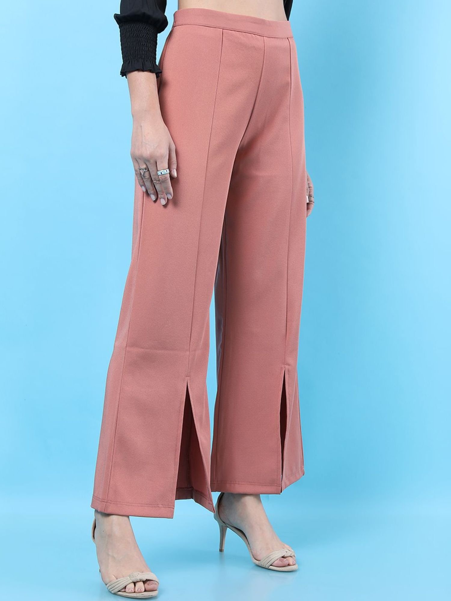 Peach Solid Mid-Rise Flared Pants