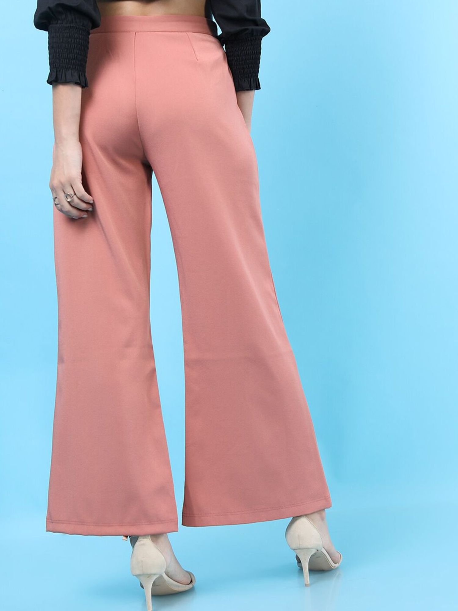 Peach Solid Mid-Rise Flared Pants