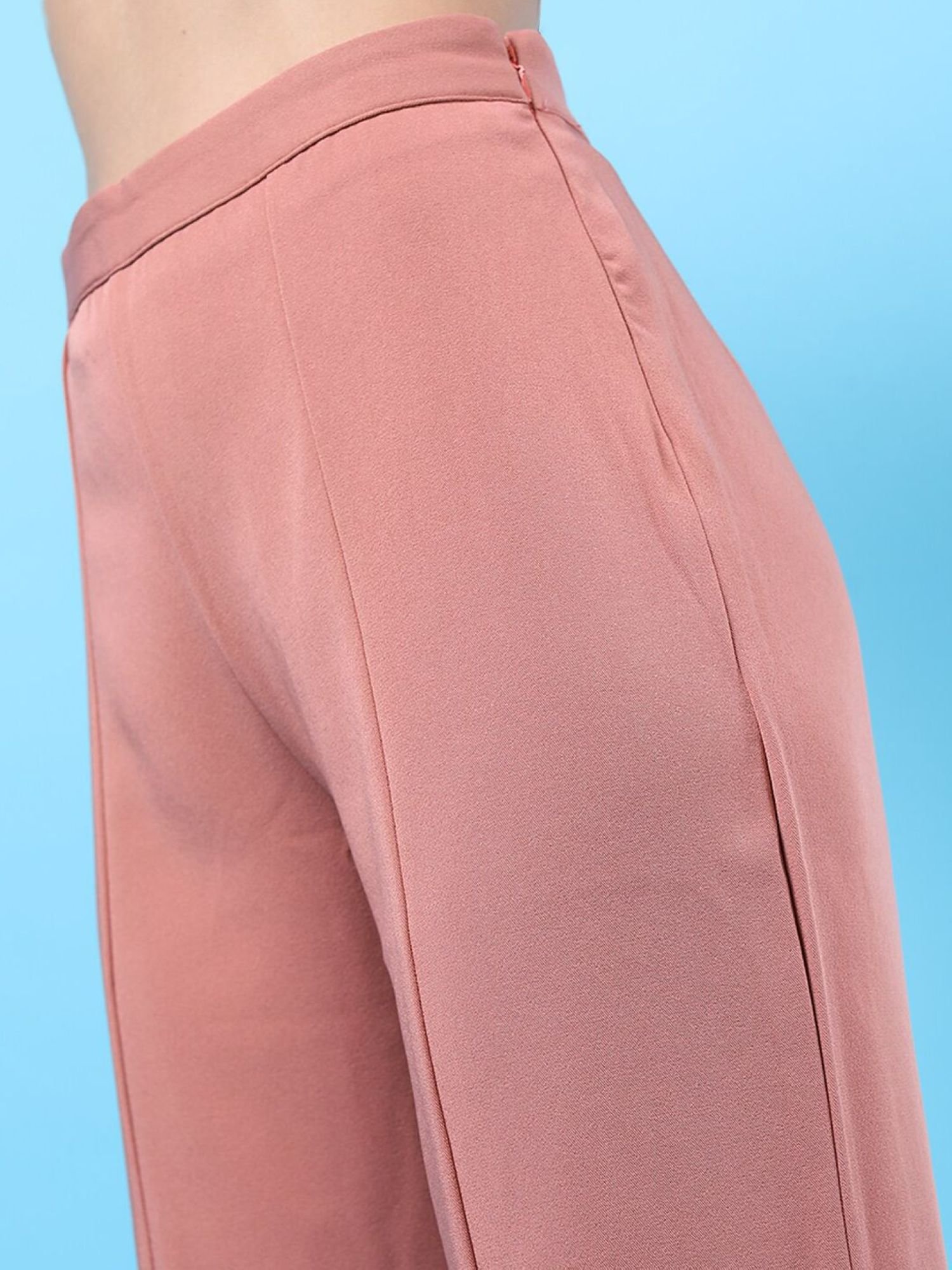 Peach Solid Mid-Rise Flared Pants