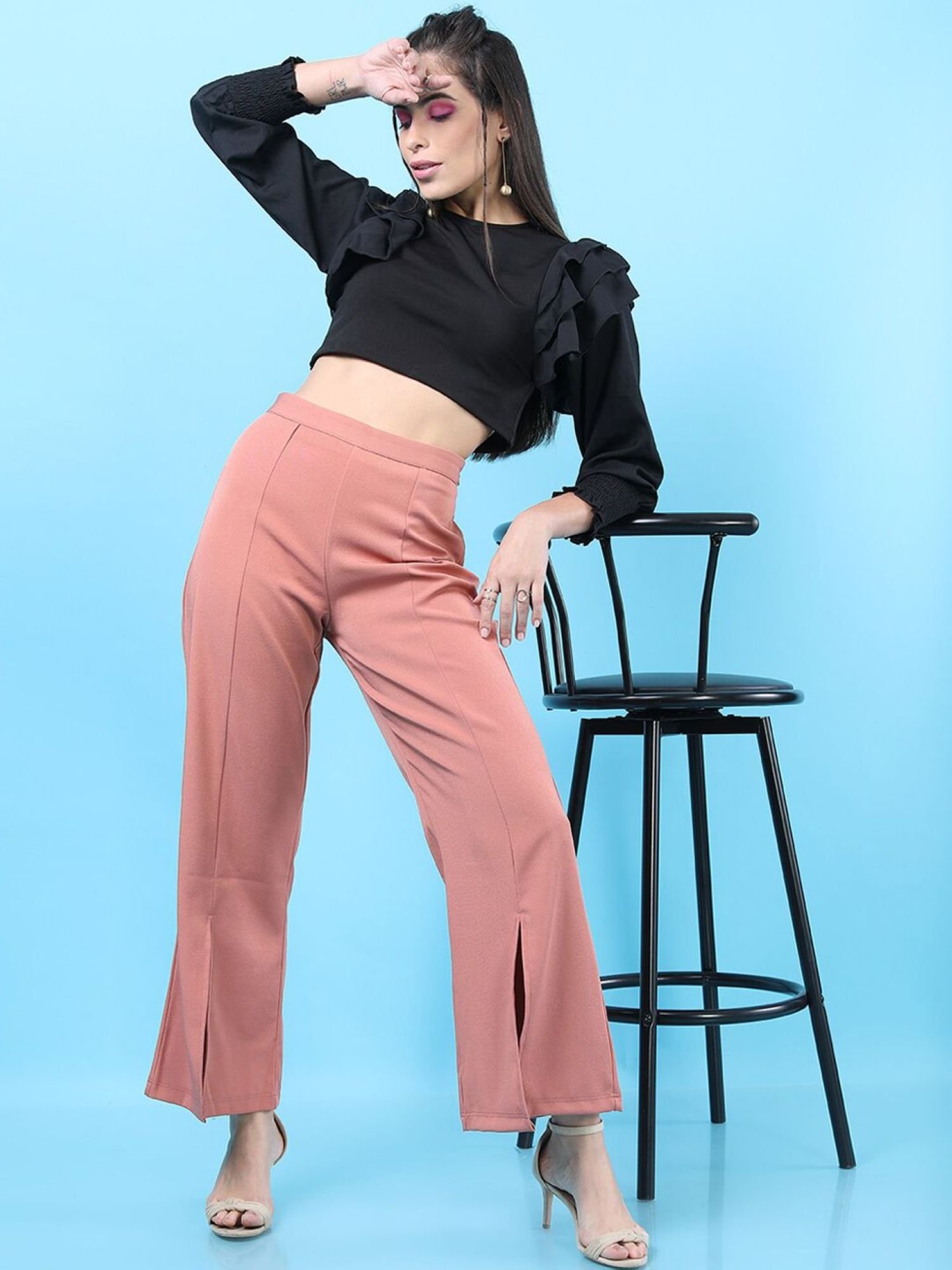 Peach Solid Mid-Rise Flared Pants