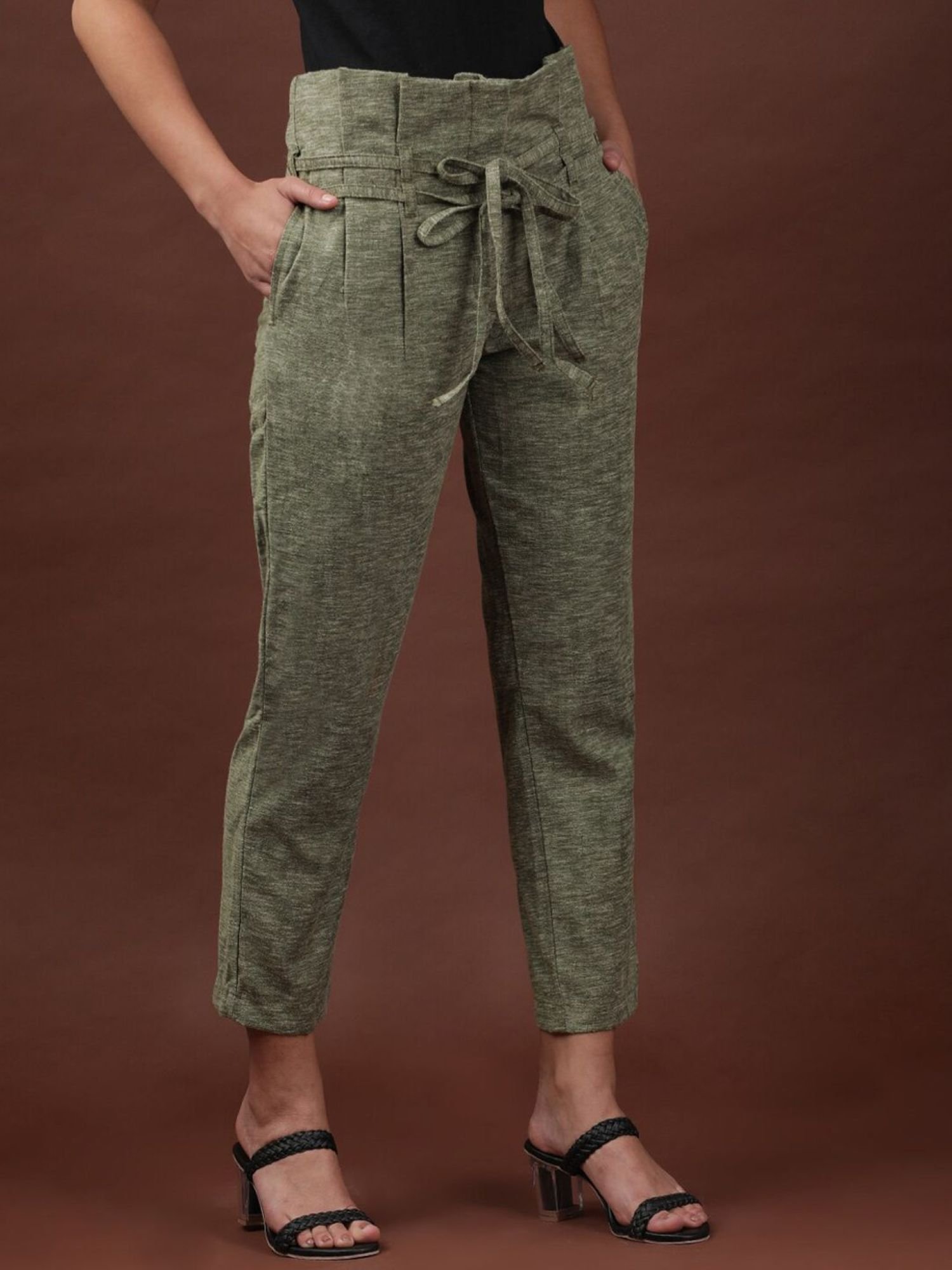 Olive Straight Fit Solid High-Rise High Waist Trousers