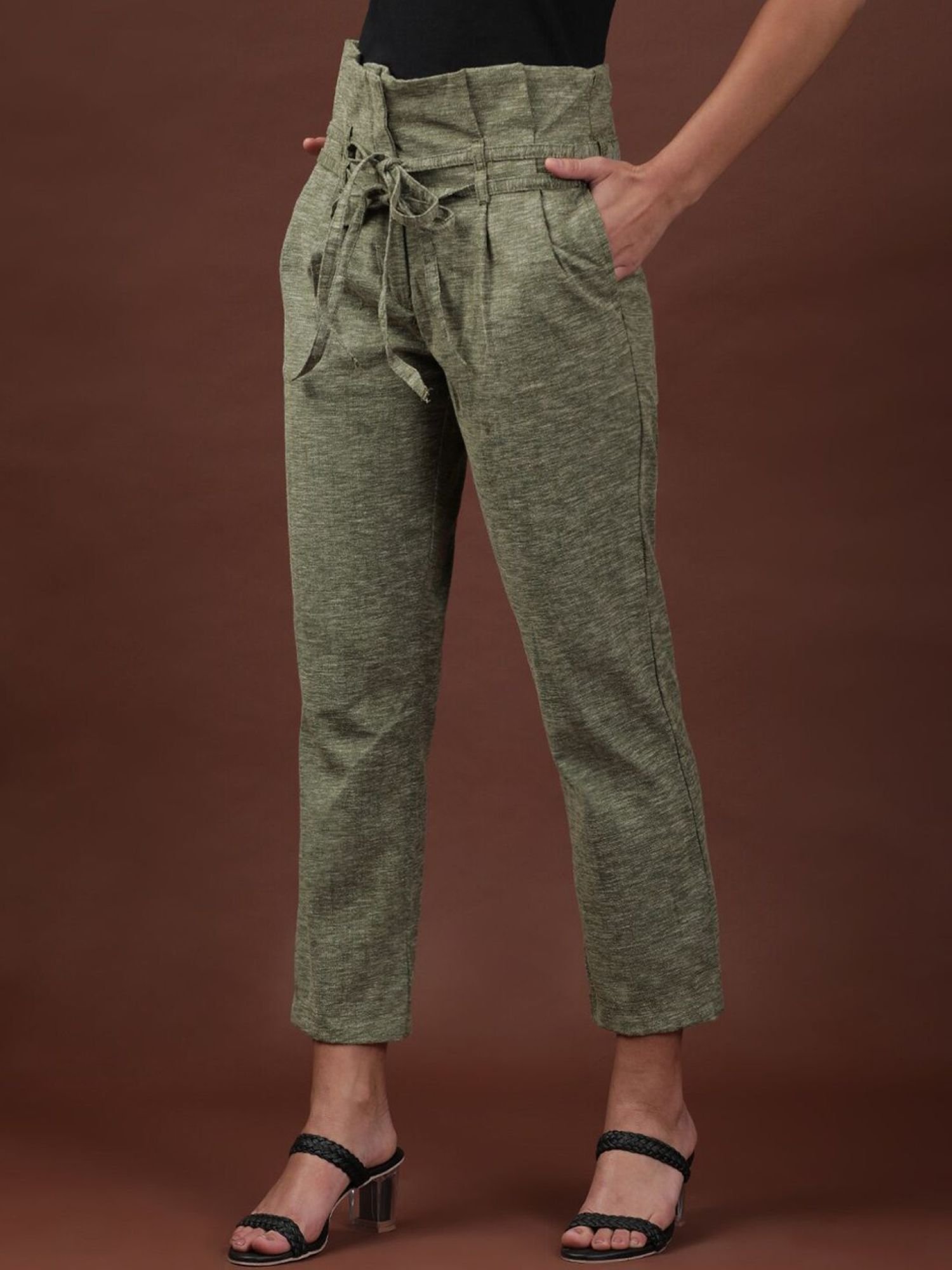 Olive Straight Fit Solid High-Rise High Waist Trousers
