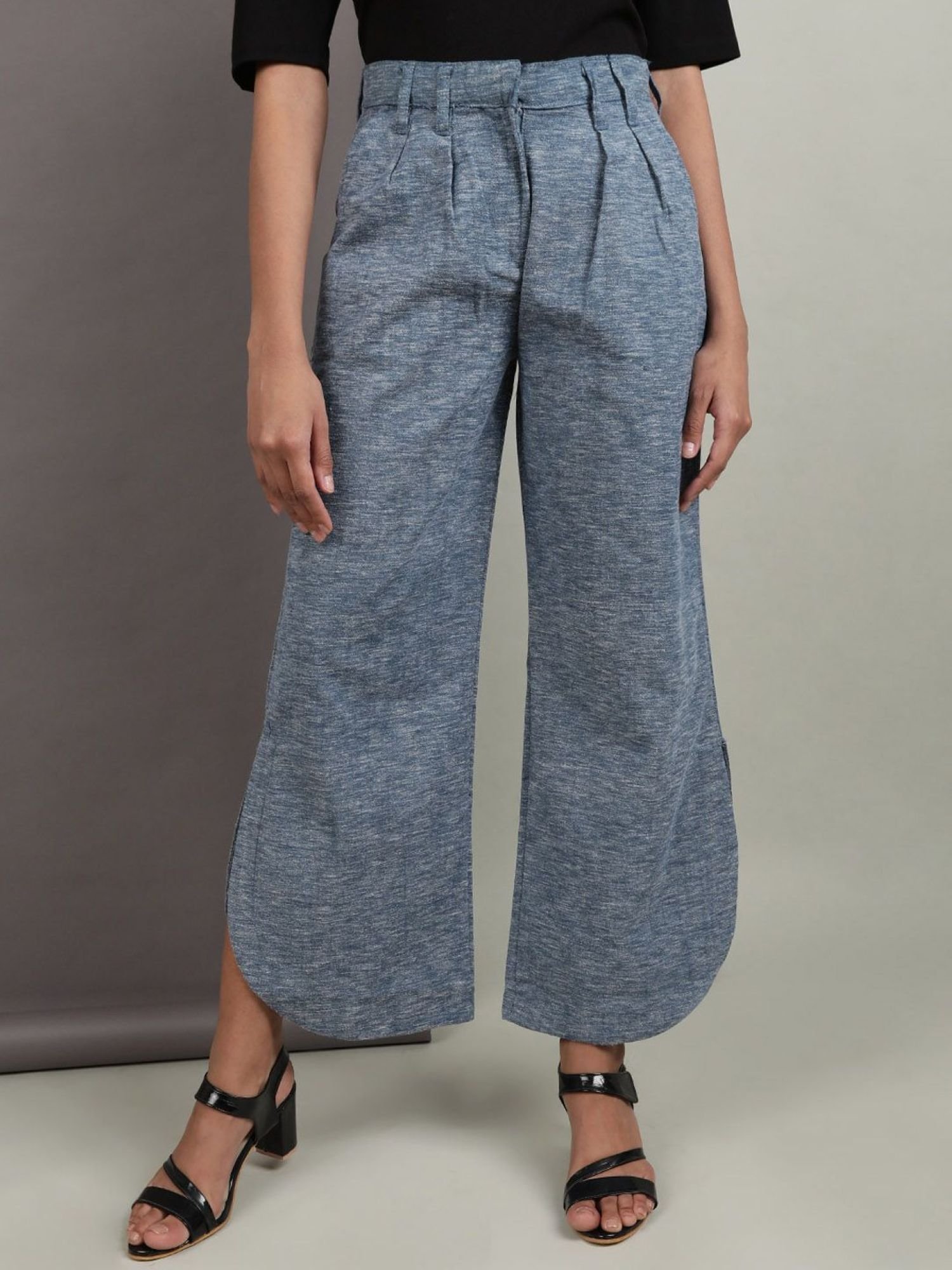 Navy Blue Flared Solid Mid-Rise High Waist Trousers