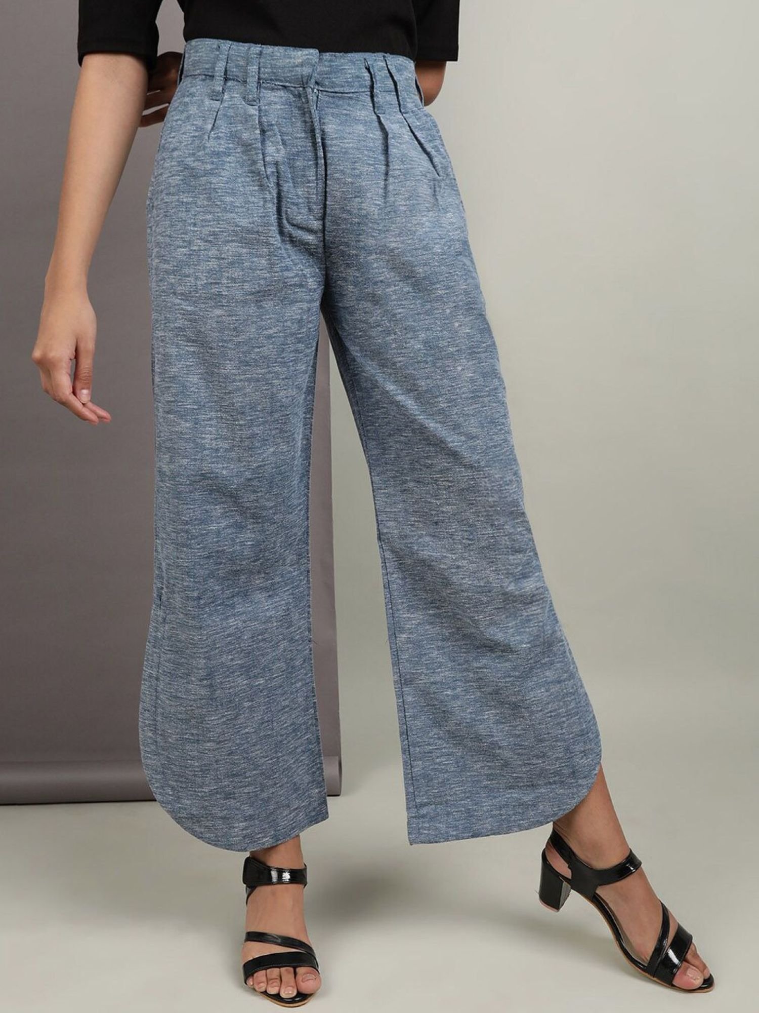 Navy Blue Flared Solid Mid-Rise High Waist Trousers