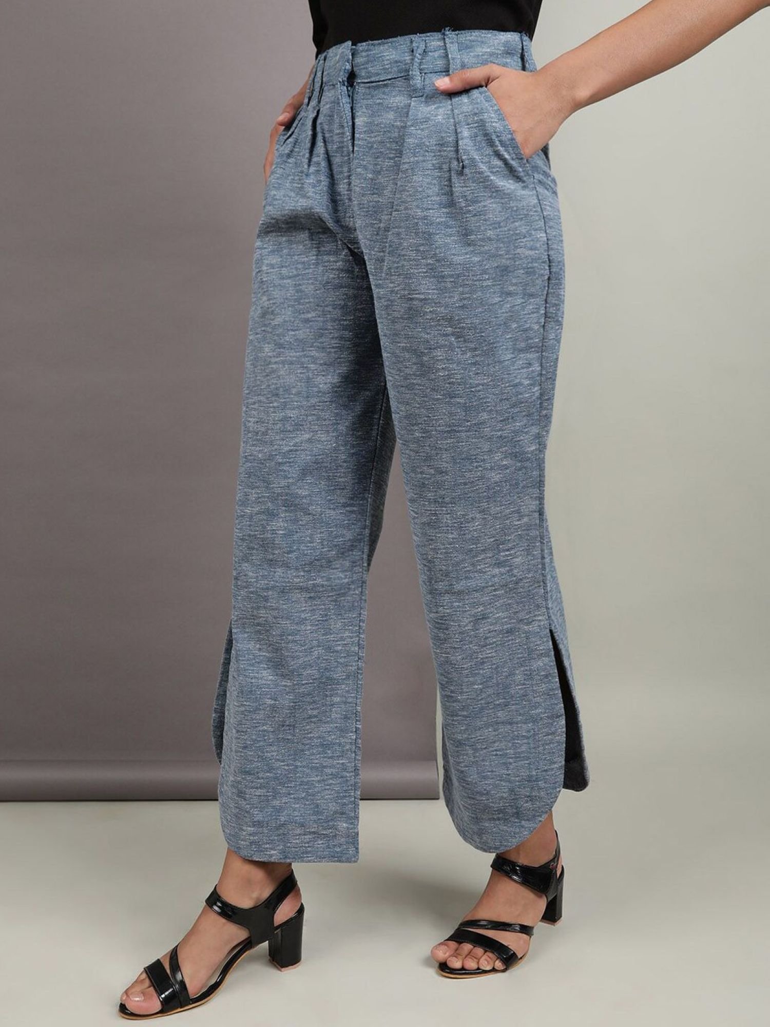 Navy Blue Flared Solid Mid-Rise High Waist Trousers