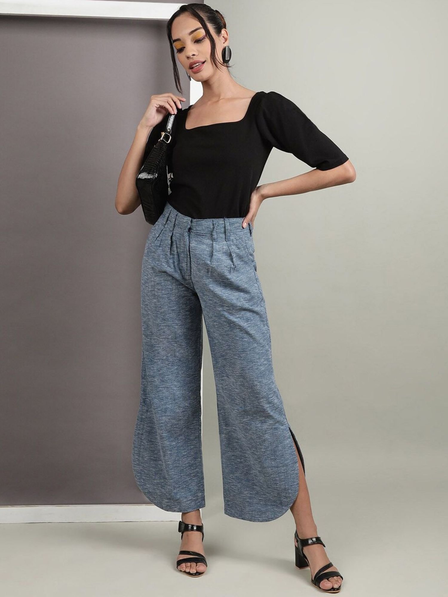 Navy Blue Flared Solid Mid-Rise High Waist Trousers