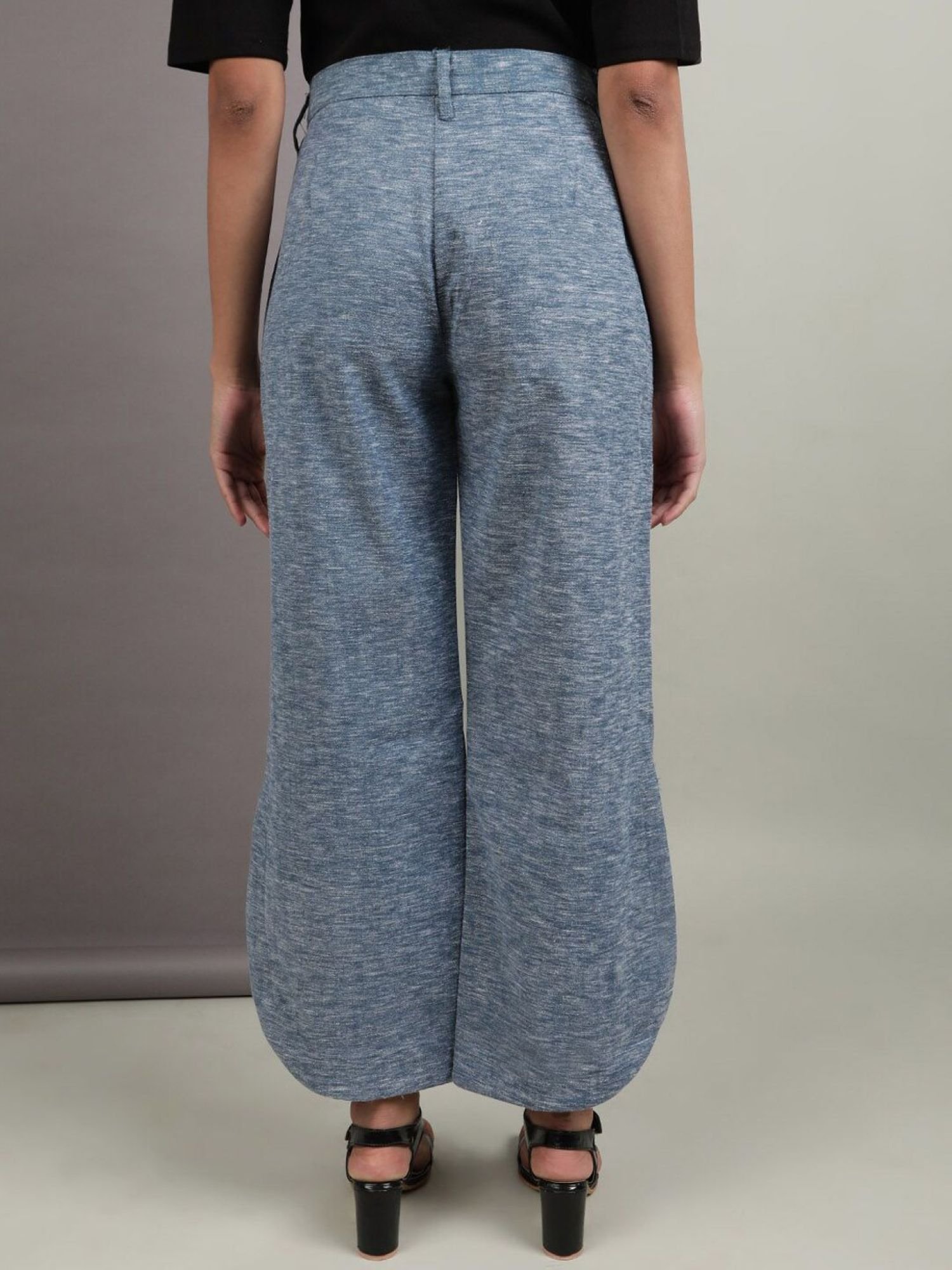 Navy Blue Flared Solid Mid-Rise High Waist Trousers