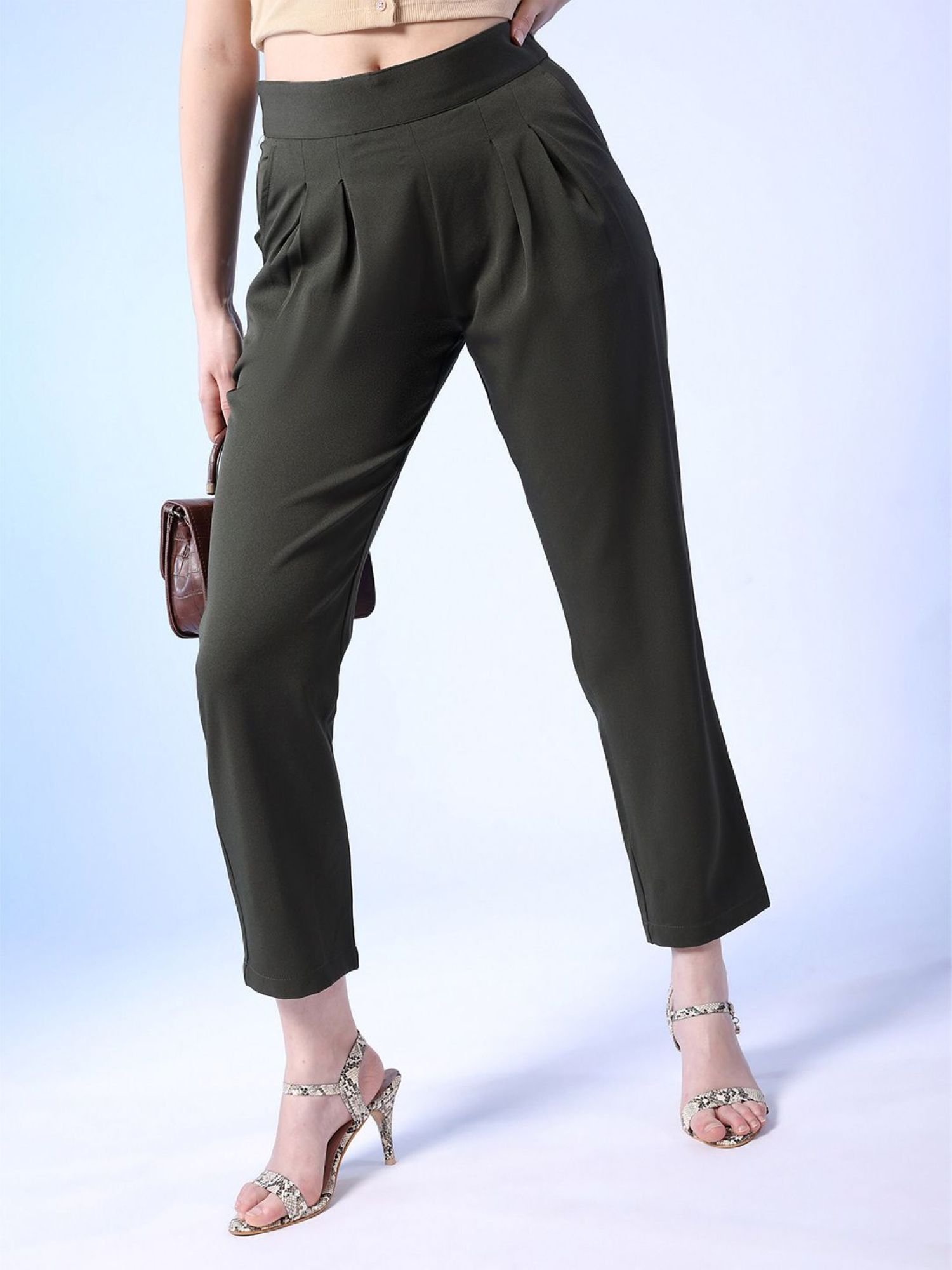 Green Regular Fit Solid Mid-Rise Pleated Pants