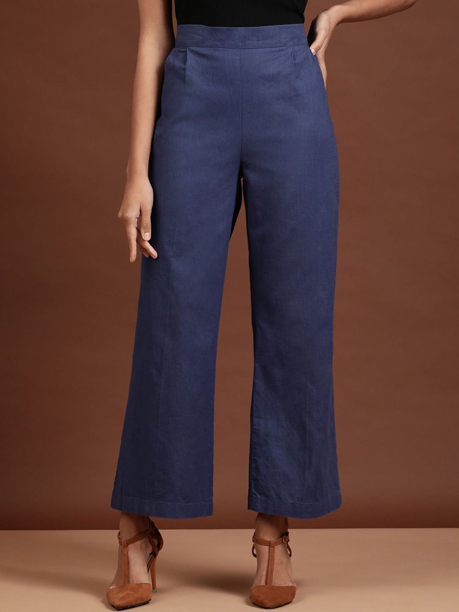 Blue Solid High-Rise Flare Pants