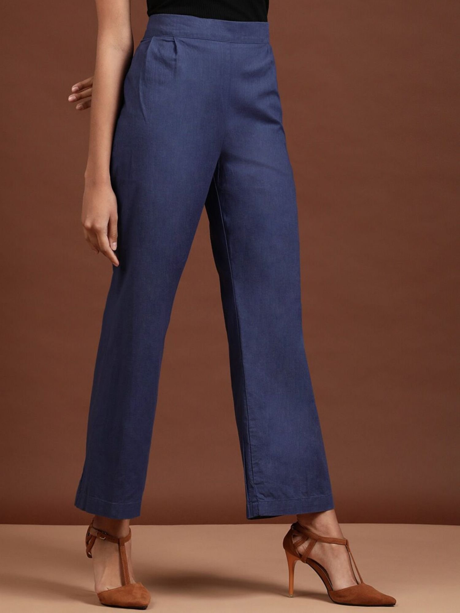 Blue Solid High-Rise Flare Pants