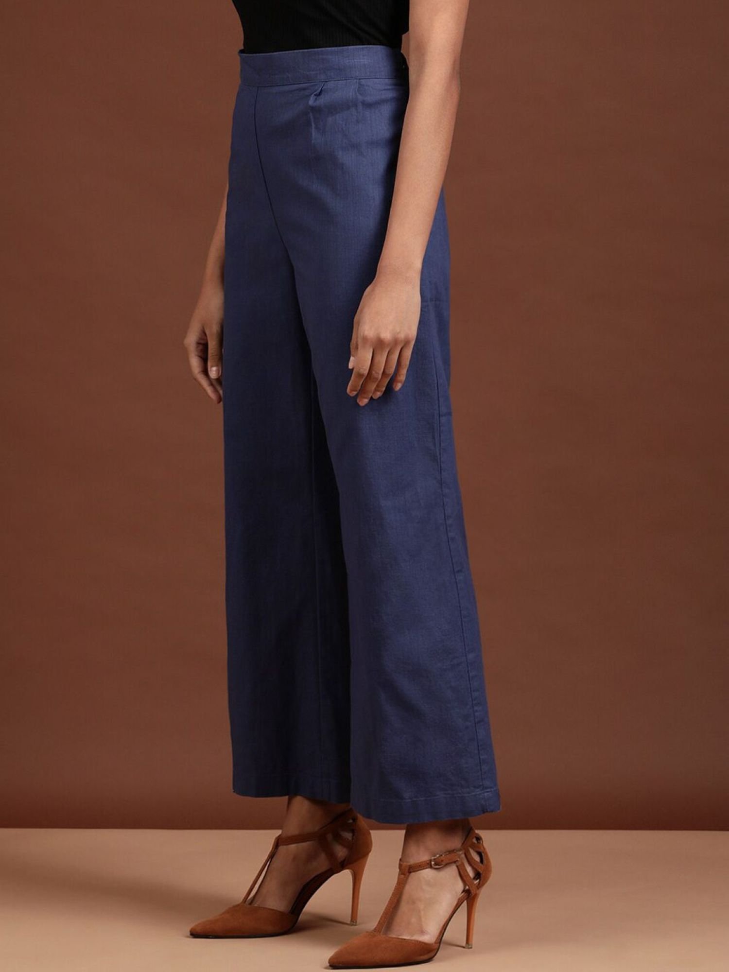 Blue Solid High-Rise Flare Pants