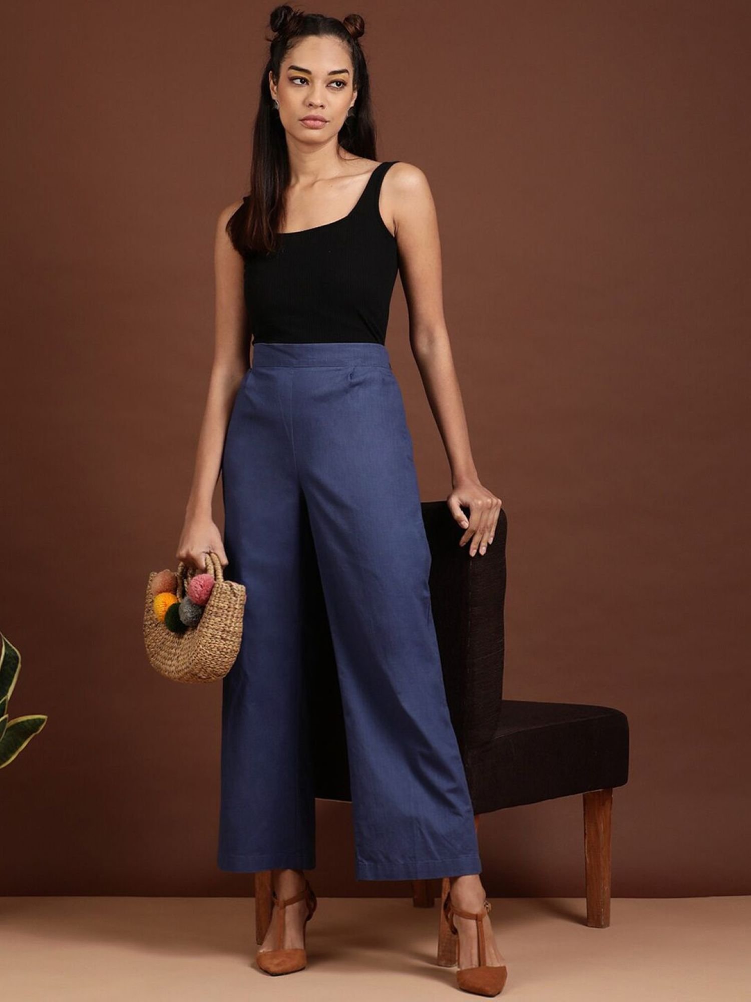 Blue Solid High-Rise Flare Pants