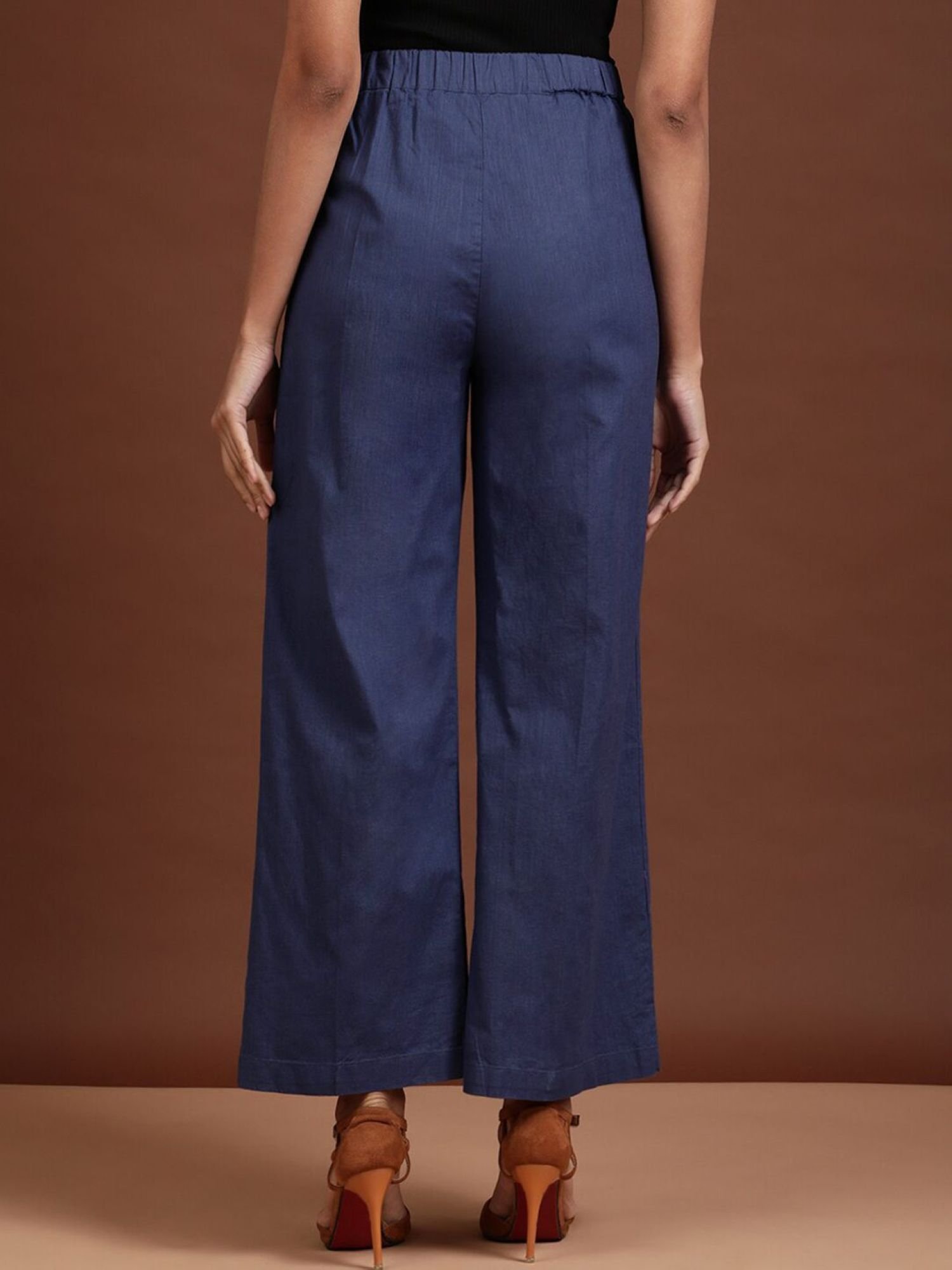 Blue Solid High-Rise Flare Pants