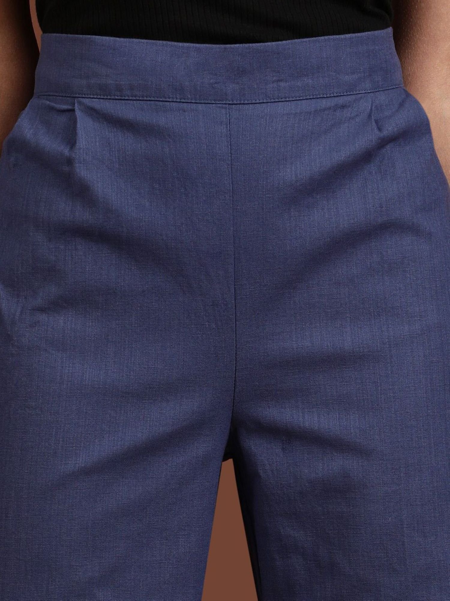 Blue Solid High-Rise Flare Pants