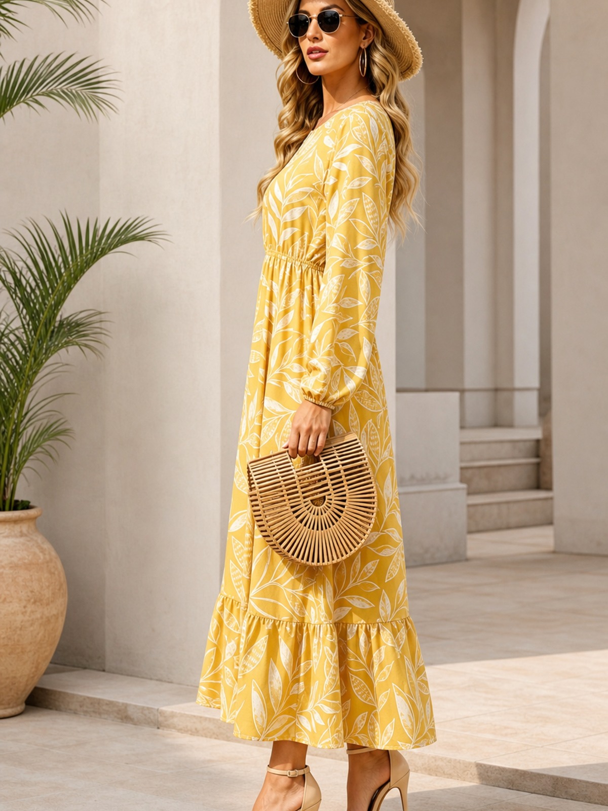 Yellow Leaf Print A-Line Maxi Dress with Long Sleeves
