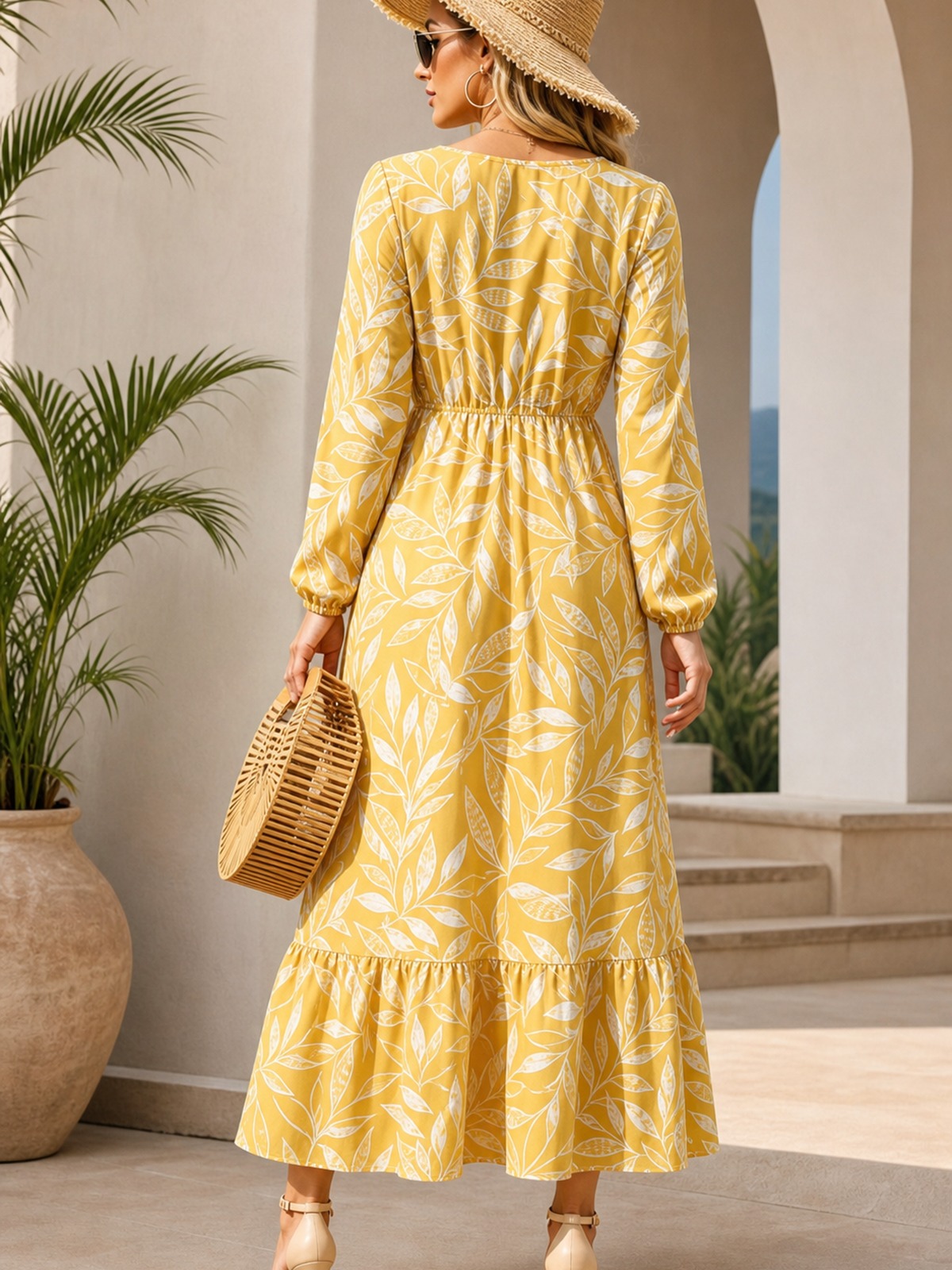 Yellow Leaf Print A-Line Maxi Dress with Long Sleeves