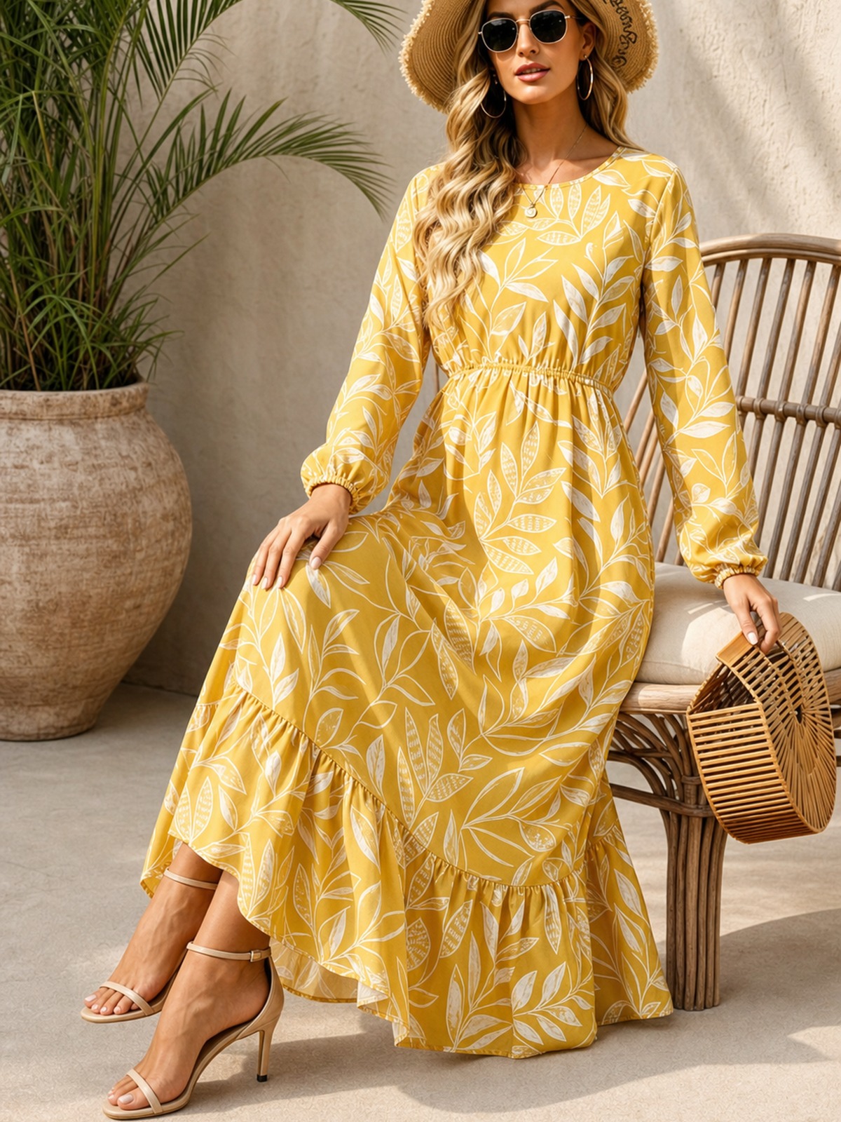 Yellow Leaf Print A-Line Maxi Dress with Long Sleeves