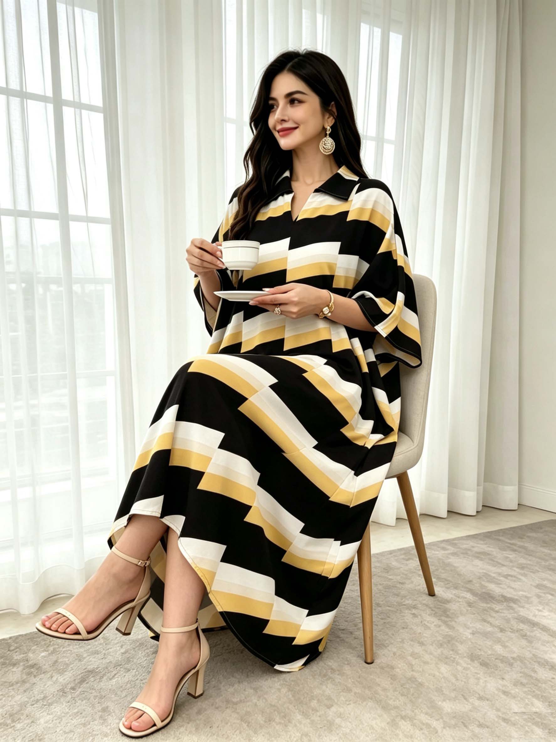 قفطان بياقة مطبع بطبعة هندسية