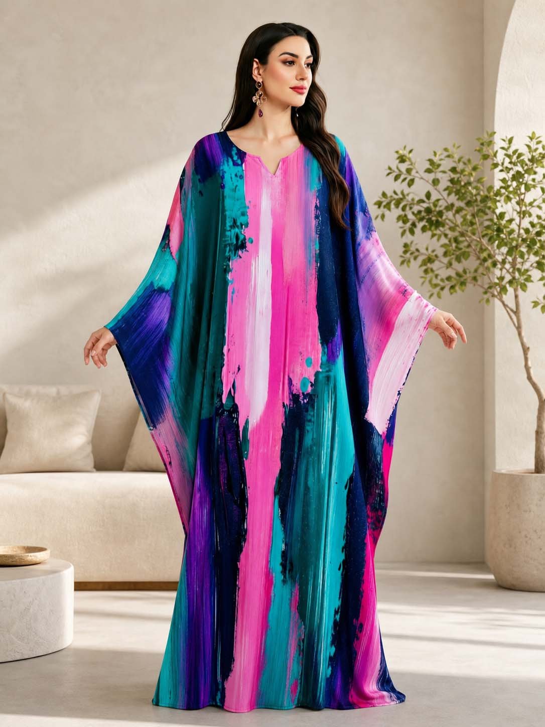 Multi-Color Batwing Sleeves Graphic Print Kaftan