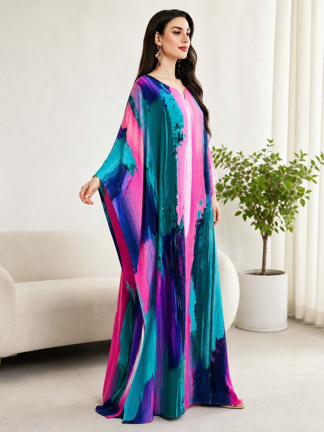 Multi-Color Batwing Sleeves Graphic Print Kaftan