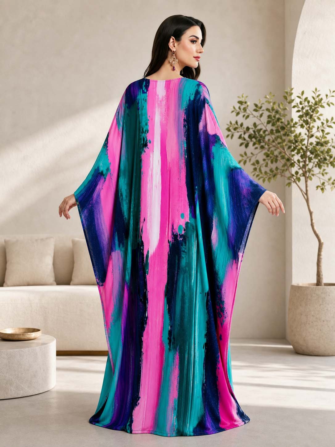 Multi-Color Batwing Sleeves Graphic Print Kaftan