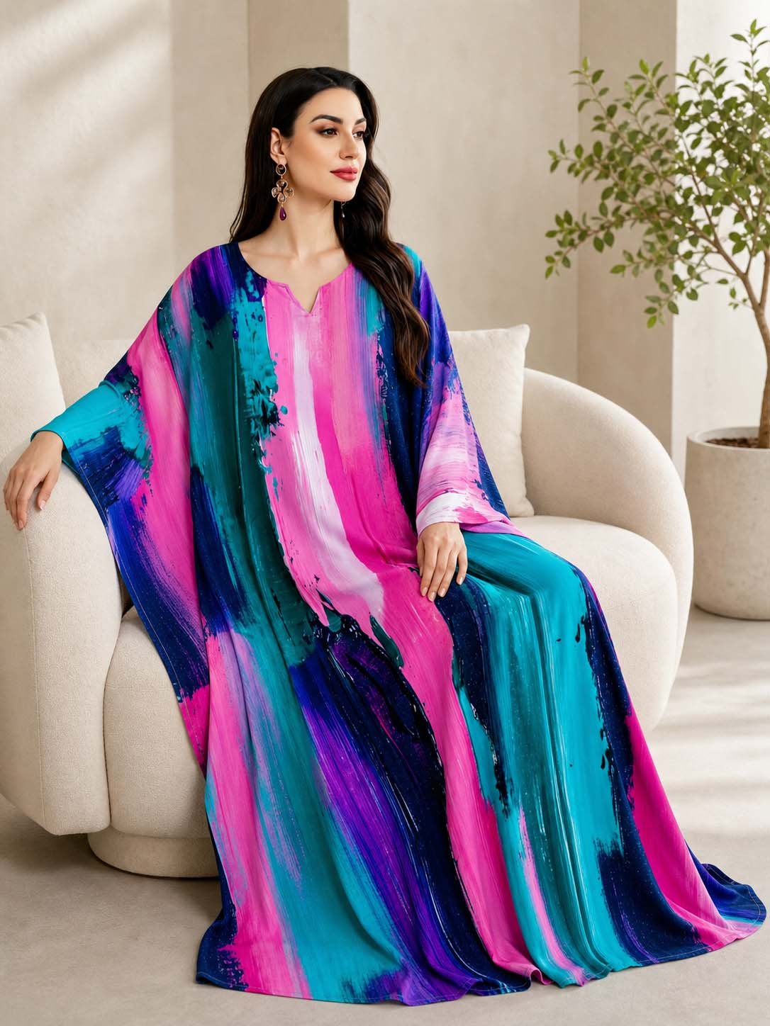 Multi-Color Batwing Sleeves Graphic Print Kaftan