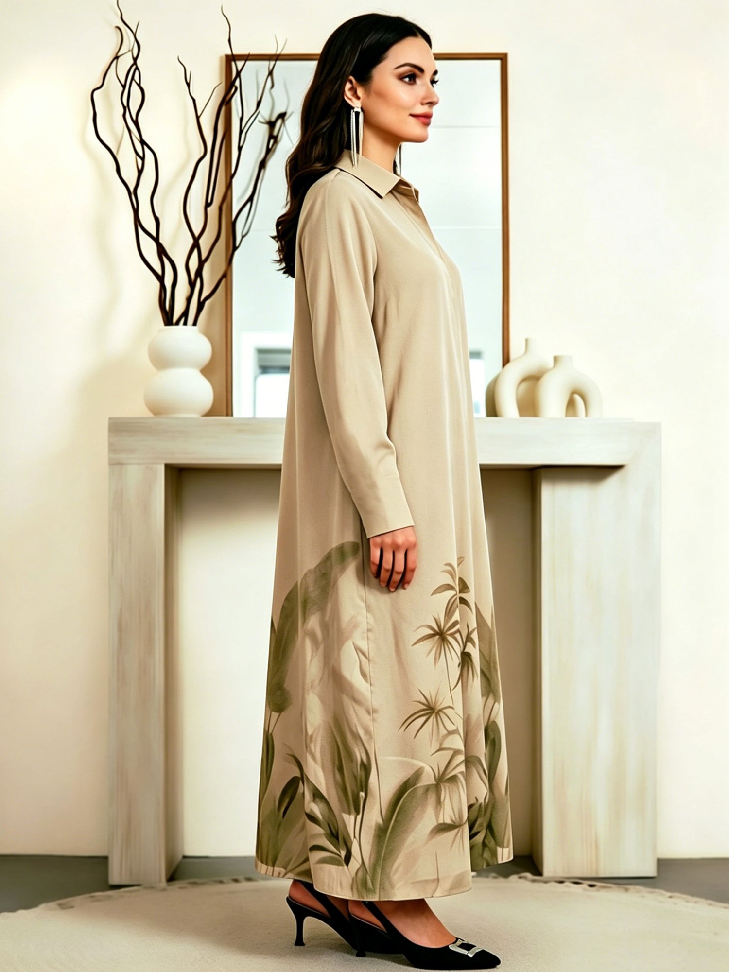 Beige Graphic Print A-Line Shirt Maxi Dress with Long Sleeves