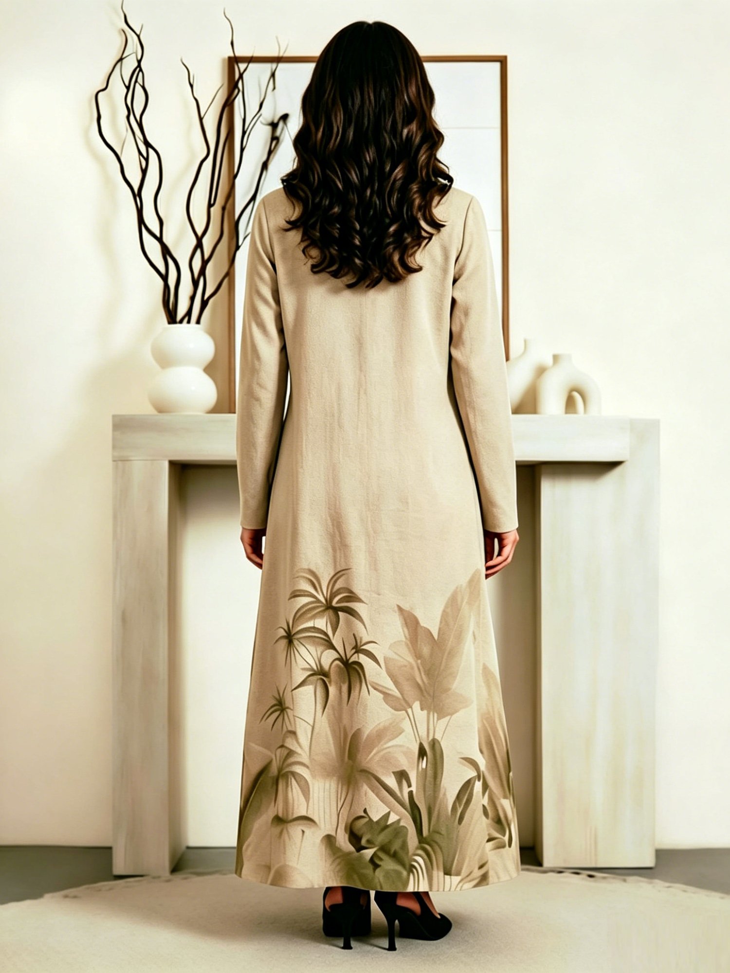 Beige Graphic Print A-Line Shirt Maxi Dress with Long Sleeves
