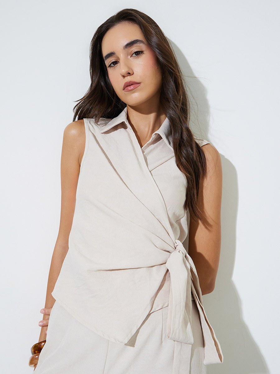 Beige Wide Leg Blouse Co-ord Set