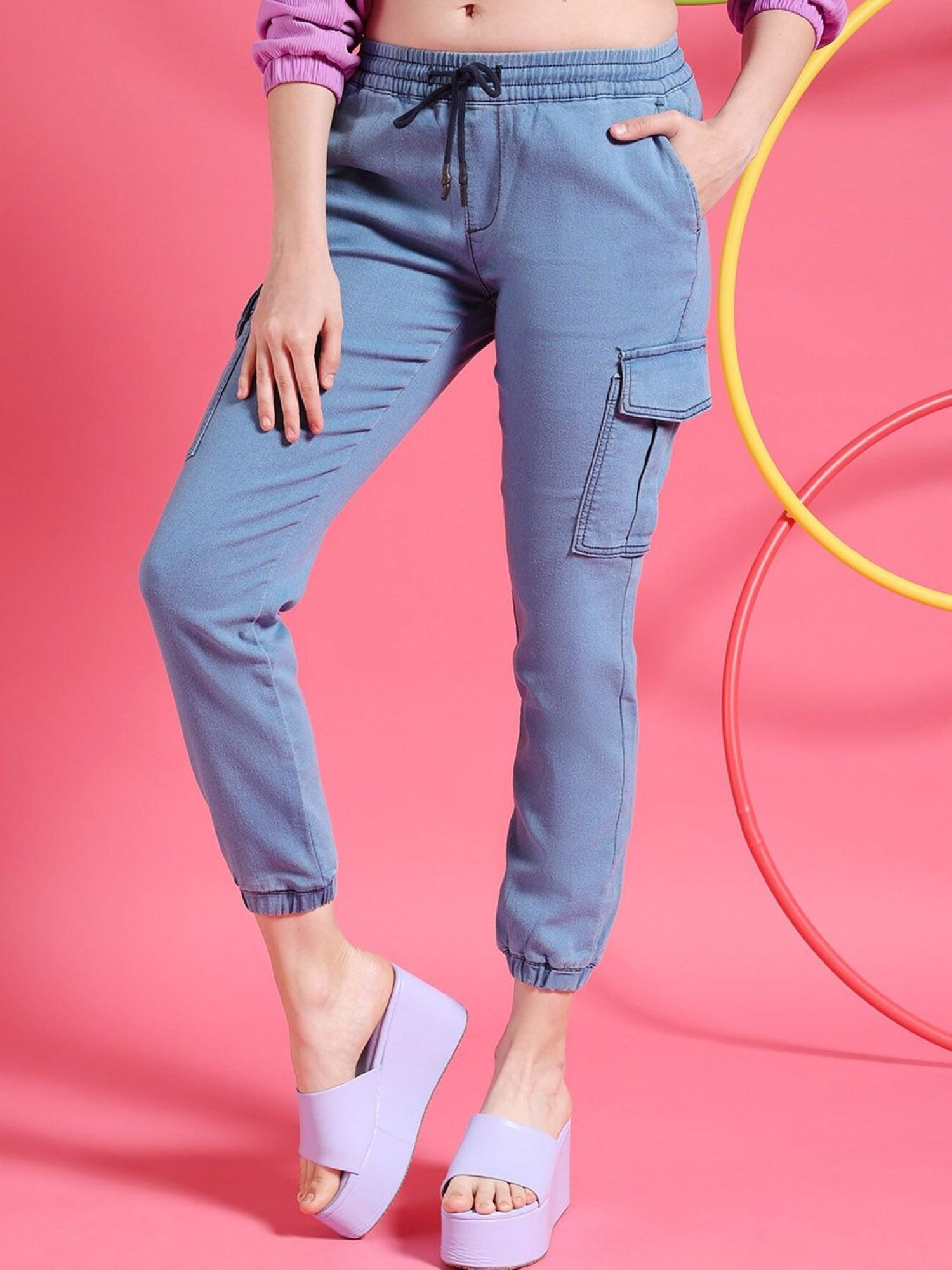 Blue Regular Fit Mid-Rise Denim Cargo Joggers